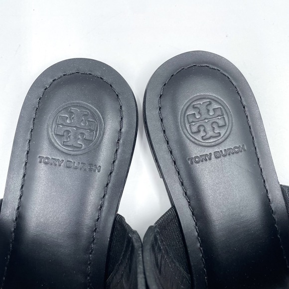 Tory Burch Benton Band Flat Sandals Black Leather Thong Silver Logo Size 6 - Picture 5 of 9